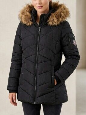 Madden NYC Thumbhole Fur Trim Puffer Jacket